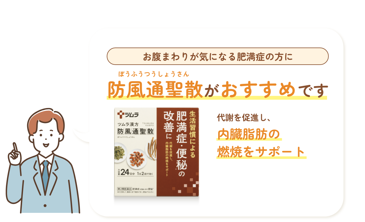 お腹まわりが気になる肥満症の方に 防風通聖散がおすすめです 代謝を促進し、内臓脂肪の燃焼をサポート