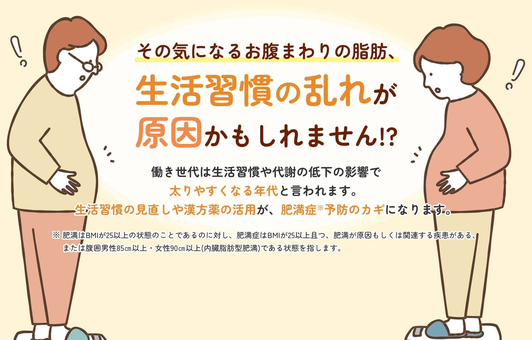 その気になるお腹まわりの脂肪、生活習慣の乱れが原因かもしれません!? 働き世代は生活習慣や代謝の低下の影響で太りやすくなる年代と言われます。生活習慣の見直しや漢方薬の活用が、肥満症予防のカギになります。※肥満はBMIが25以上の状態のことであるのに対し、肥満症はBMIが25以上且つ、肥満が原因もしくは関連する疾患がある、または腹囲男性85㎝以上・女性90㎝以上(内臓脂肪型肥満)である状態を指します。