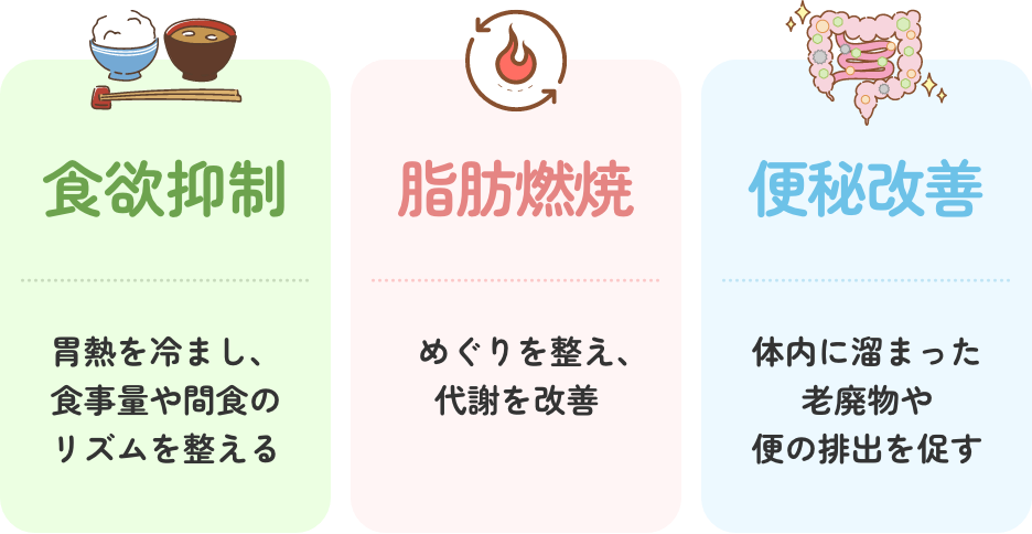 食欲抑制 胃熱を冷まし、食事量や間食のリズムを整える 脂肪燃焼 めぐりを整え、代謝を改善 便秘改善 体内にたまった老廃物や便の排出を促す
