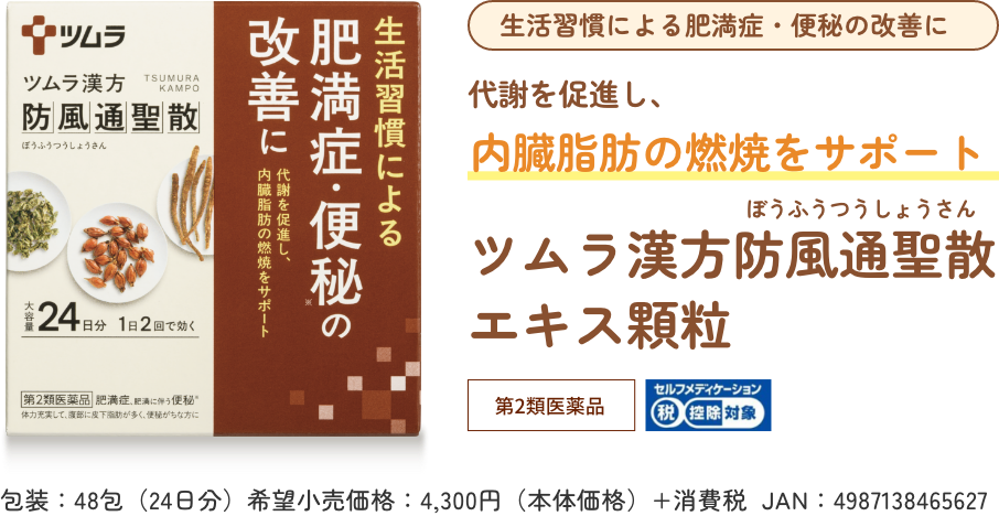 代謝を促進し、内臓脂肪の燃焼をサポート ツムラ漢方防風通聖散エキス顆粒 第2類医薬品
