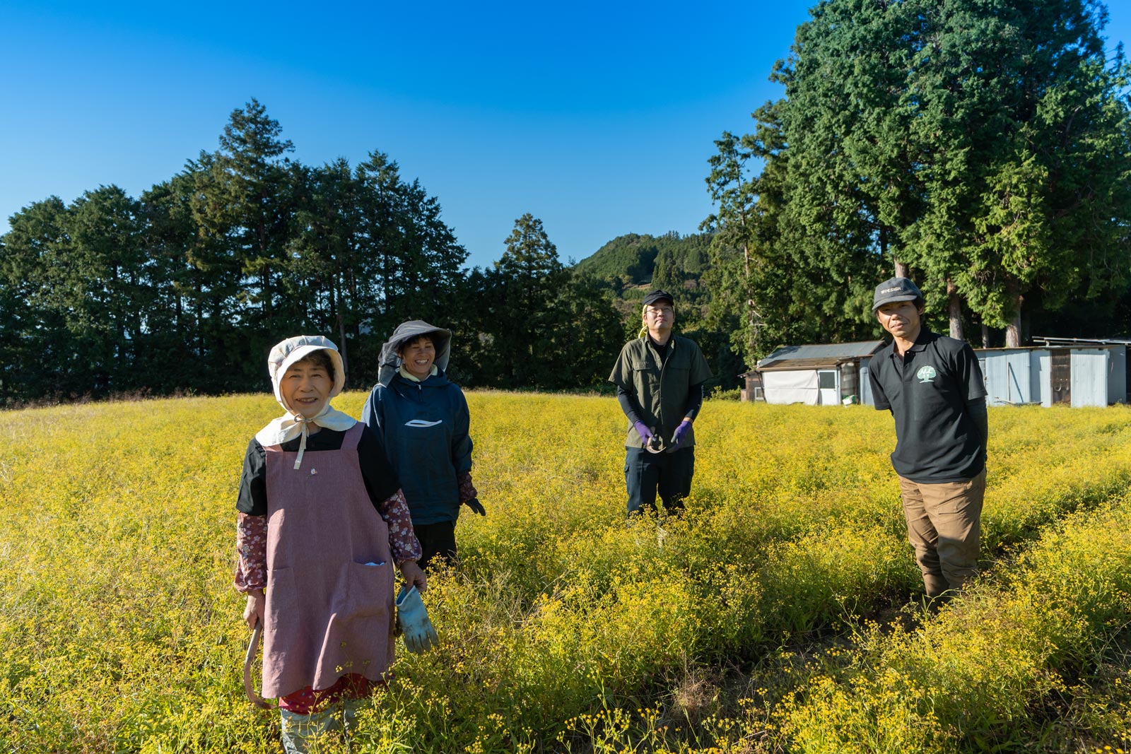 薬用植物の栽培に携わっているヒューマンライフ土佐で働くみなさん。おそろいのスタッフTシャツも作っているそう