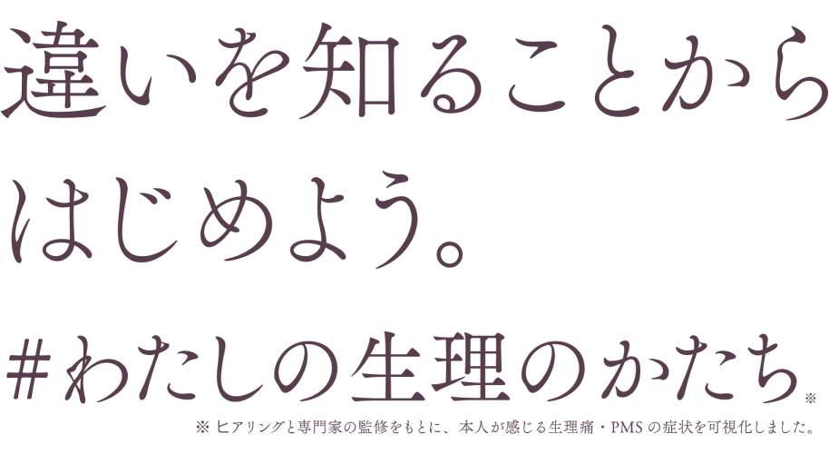 違いを知ることからはじめよう。 #わたしの生理のかたち。 ※ヒアリングと専門家の監修をもとに、本人が感じる生理痛・PMSの症状を可視化しました。