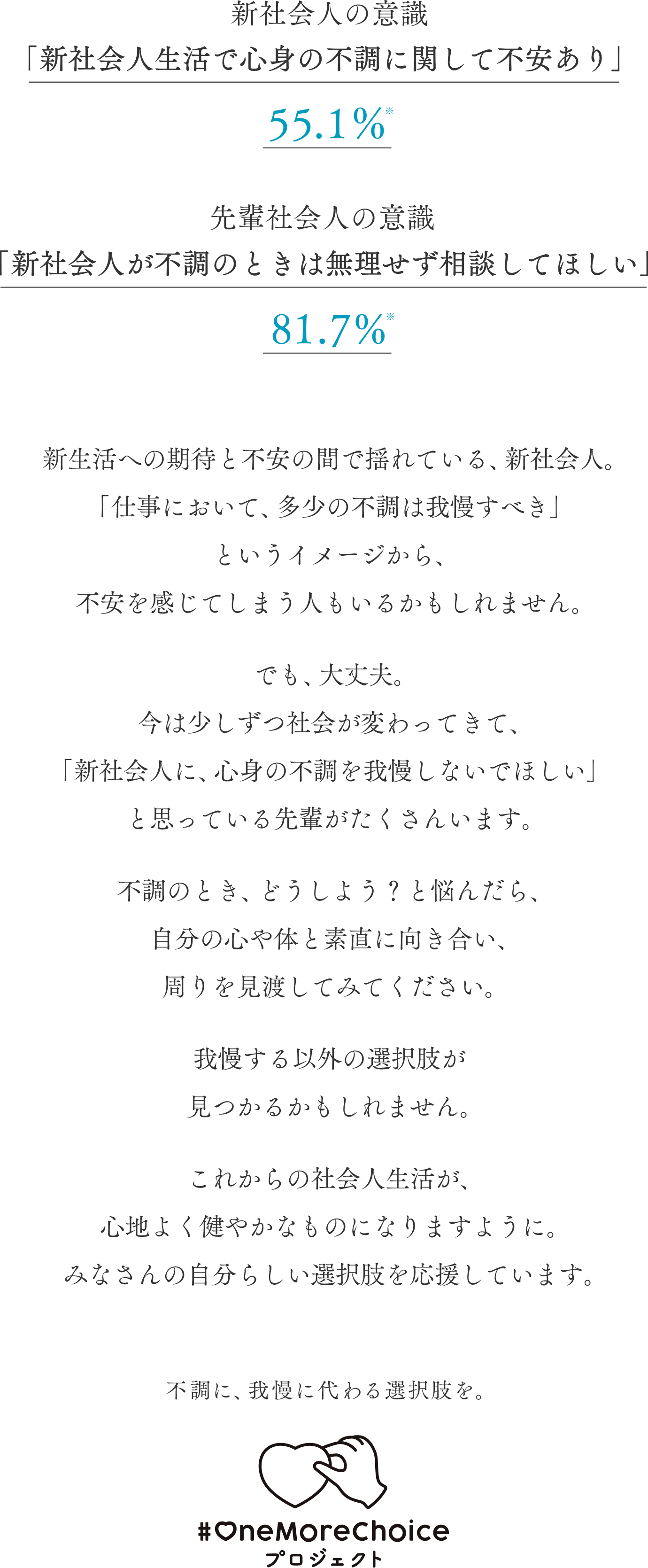 新生活への期待と不安の間で揺れている、新社会人。「仕事において、多少の不調は我慢すべき」というイメージから、不安を感じてしまう人もいるかもしれません。でも、大丈夫。今は少しずつ社会が変わってきて、「新社会人に、心身の不調を我慢しないでほしい」と思っている先輩がたくさんいます。不調のtき、どうしよう？と悩んだら、自分の心や体と素直に向き合い、周りを見渡してみてください。我慢する以外の選択肢が見つかるかもしれません。これからの社会人生活が、心地よく健やかなものになりますように。みなさんの自分らしい選択肢を応援しています。不調に、我慢に代わる選択肢を。#OneMoreChoice プロジェクト